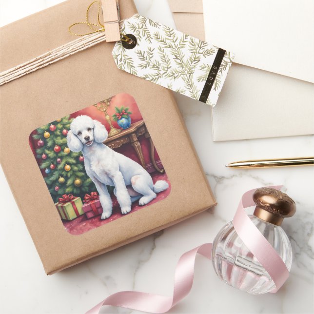 Pegatina Cuadrada Elegant Poodle Beside Christmas Tree Holiday Dog  (Regalar)