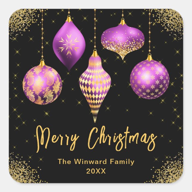 Pegatina Cuadrada Elegant Purple and Gold Ornament Christmas (Anverso)