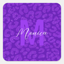 Pegatina Cuadrada Elegant Purple Glitter Monogram Script Name