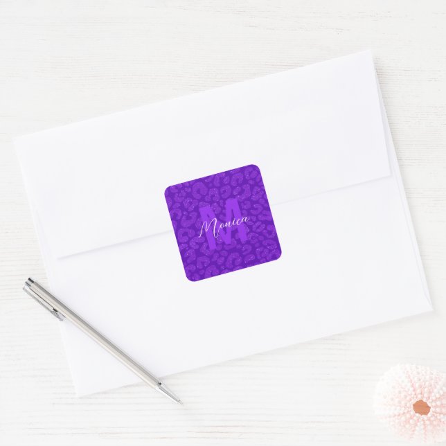 Pegatina Cuadrada Elegant Purple Glitter Monogram Script Name (Sobre)