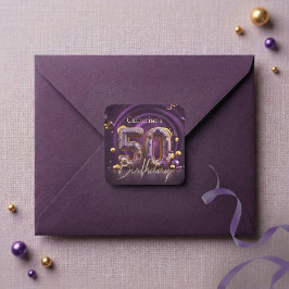 Pegatina Cuadrada Elegant Purple Gold Glam 50th Birthday Party