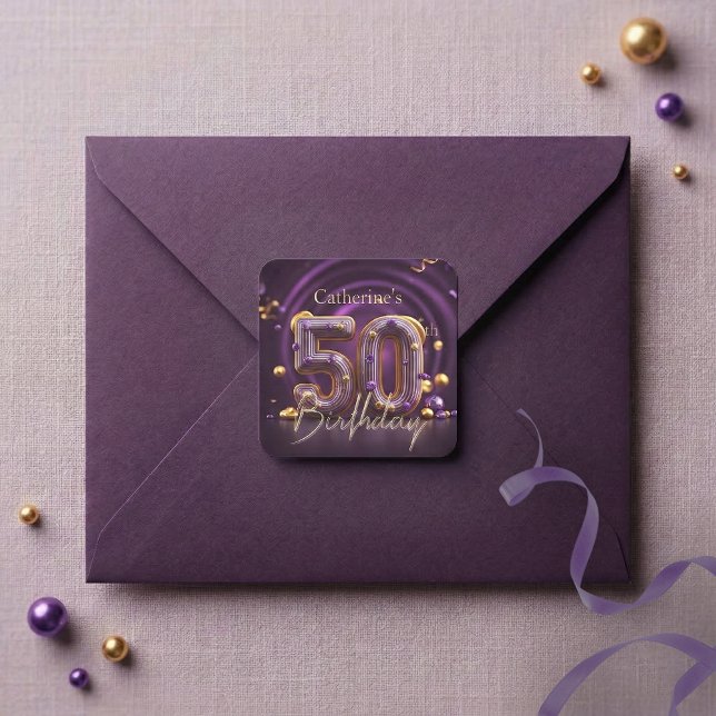Pegatina Cuadrada Elegant Purple Gold Glam 50th Birthday Party (Subido por el creador)