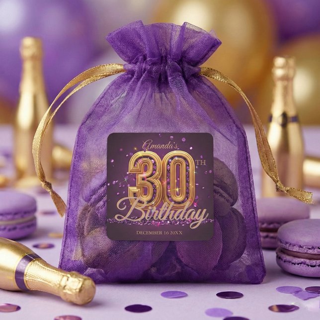 Pegatina Cuadrada Elegant Purple Gold Jewel 30th Birthday Party (Subido por el creador)