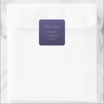 Pegatina Cuadrada Elegant Purple Thank You Card<br><div class="desc">This elegant wedding sticker features a minimalist design with a deep purple background and light gray cursive script that reads "thank you." The layout is clean, with ample negative space around the text elements, emphasizing clarity and sophistication. Customizable names and dates are presented in a classic serif font, adding a...</div>