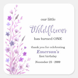 Pegatina Cuadrada Elegant Purple Wildflower 1st Birthday Party