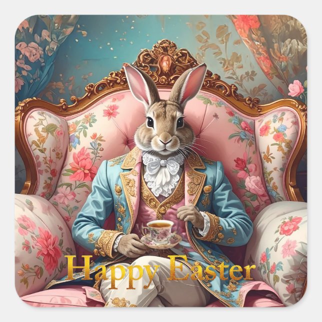 Pegatina Cuadrada Elegant rabbit Drinking Tea Happy Easter (Anverso)