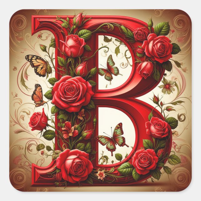 Pegatina Cuadrada Elegant Red Letter B by Roses and Butterfly (Anverso)