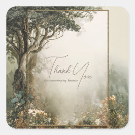 Pegatina Cuadrada Elegant Rustic Forest Tree Gold Glitter Frame