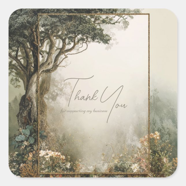 Pegatina Cuadrada Elegant Rustic Forest Tree Gold Glitter Frame (Anverso)