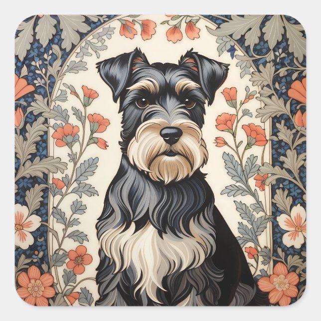 Pegatina Cuadrada Elegant Schnauzer William Morris Inspired Floral (Anverso)