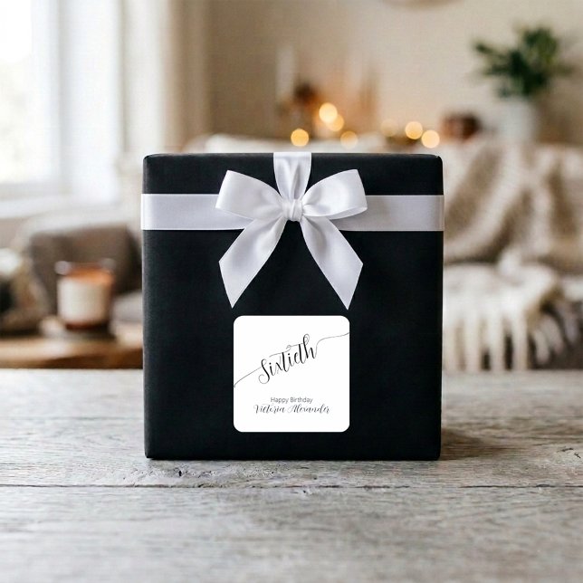 Pegatina Cuadrada Elegant Script Sixtieth Birthday Celebration (Elegant Script Sixtieth Birthday Celebration Square Sticker)
