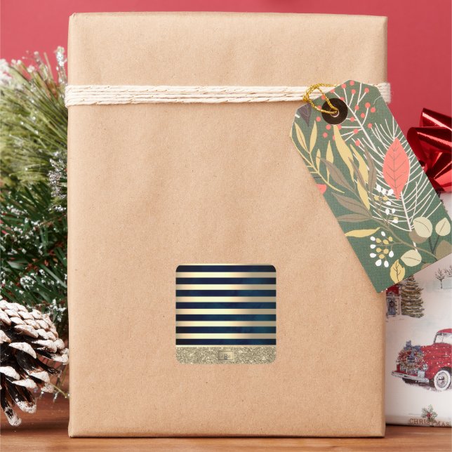 Pegatina Cuadrada Elegant Stylish Gold Stripes Glitter,Navy Blue (Vacaciones)