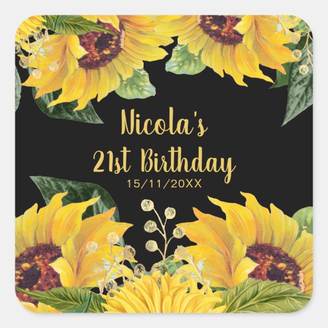 Pegatina Cuadrada Elegant Sunflowers and Foliage Birthday Party (Anverso)