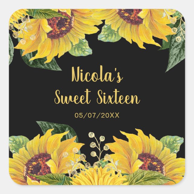 Pegatina Cuadrada Elegant Sunflowers and Foliage Sweet Sixteen (Anverso)