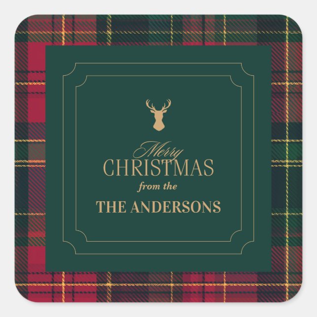 Pegatina Cuadrada Elegant Tartan Plaid Merry Christmas Family Name (Anverso)