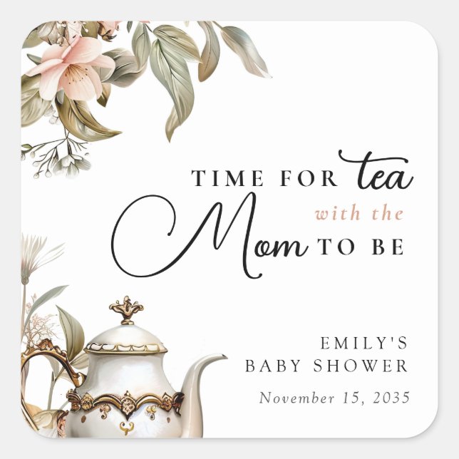 Pegatina Cuadrada Elegant Tea Party Baby Shower (Anverso)