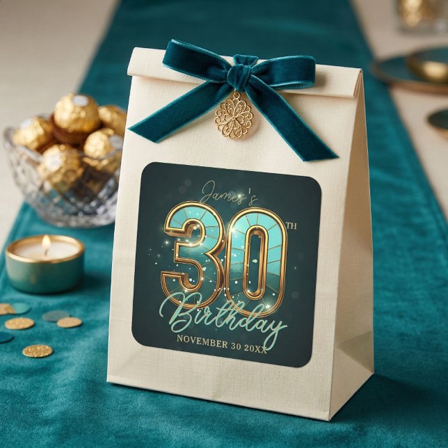 Pegatina Cuadrada Elegant Teal and Gold 30th Birthday 3D Luxury (Subido por el creador)