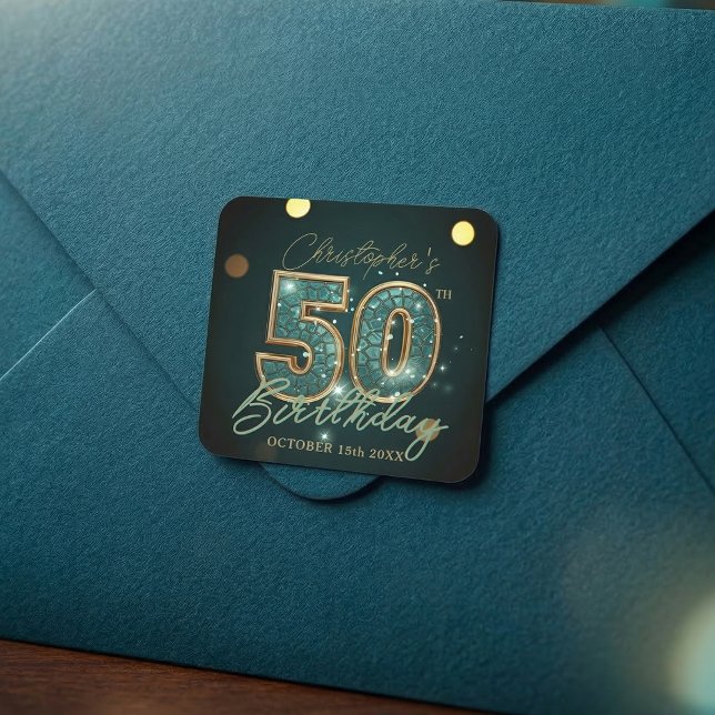 Pegatina Cuadrada Elegant Teal and Gold Mosaic 50th Birthday Party (Subido por el creador)