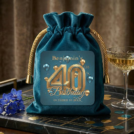 Pegatina Cuadrada Elegant Teal Blue and Gold 40th Birthday Party