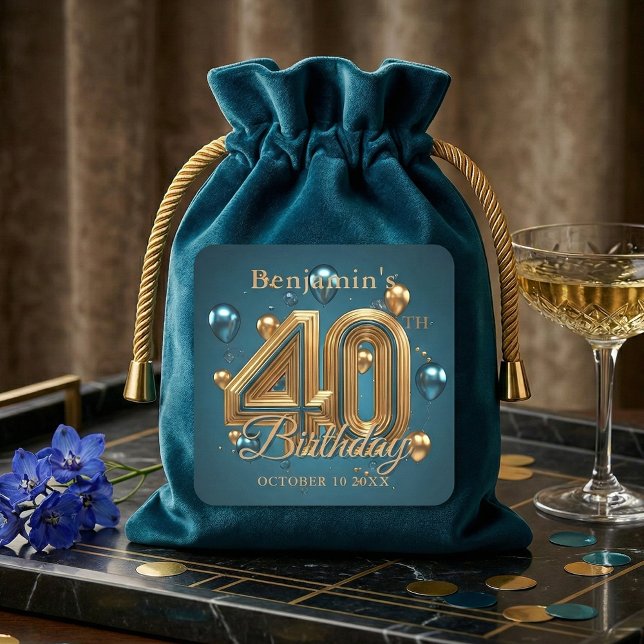 Pegatina Cuadrada Elegant Teal Blue and Gold 40th Birthday Party (Subido por el creador)