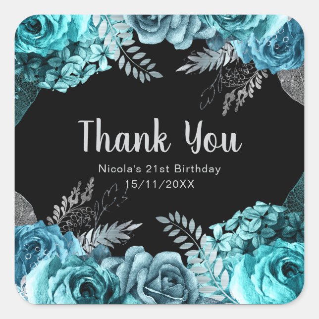 Pegatina Cuadrada Elegant Teal Blue and Silver Flower Birthday Party (Anverso)