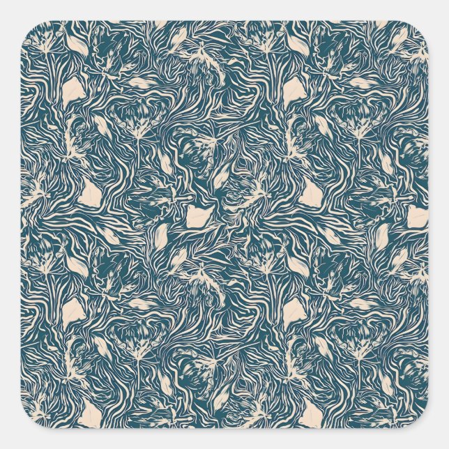 Pegatina Cuadrada Elegant Teal Botanical Swirl Seamless Pattern (Anverso)