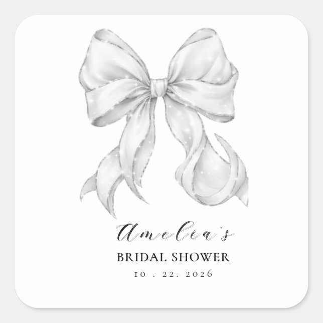 Pegatina Cuadrada Elegant, tying the knot bridal shower white bow. (Anverso)