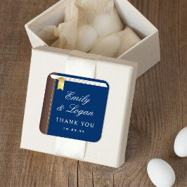 Pegatina Cuadrada Elegant Vintage Book Navy Blue Wedding Favor
