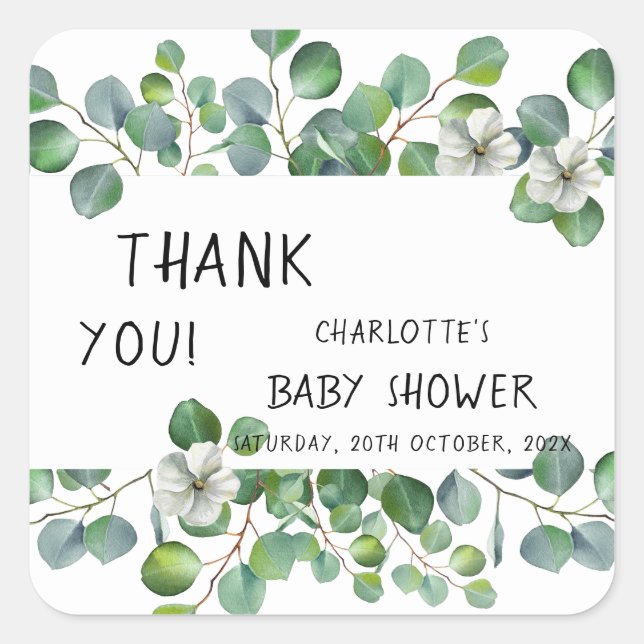 Pegatina Cuadrada Elegant Watercolor Eucalyptus Baby Shower (Anverso)