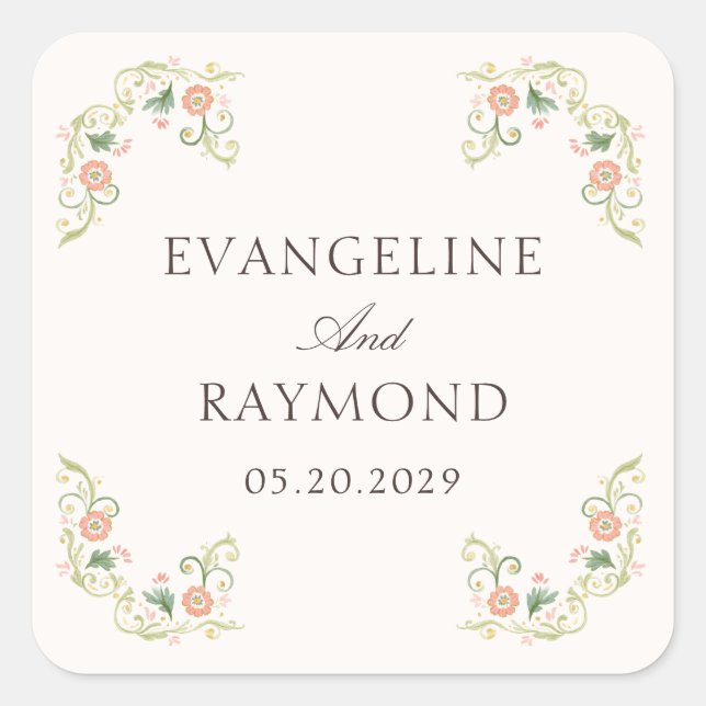 Pegatina Cuadrada Elegant Watercolor Floral Rococo Wedding  (Anverso)