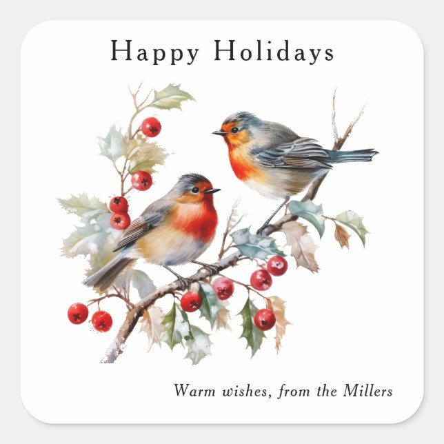 Pegatina Cuadrada Elegant Watercolor Robin Happy Holidays Custom  (Anverso)
