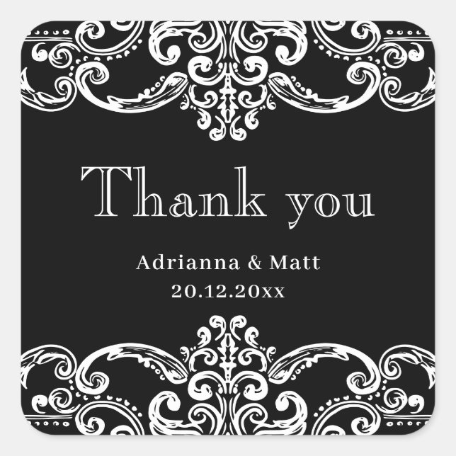 Pegatina Cuadrada Elegant White Black Ornamental Wedding Frame  (Anverso)