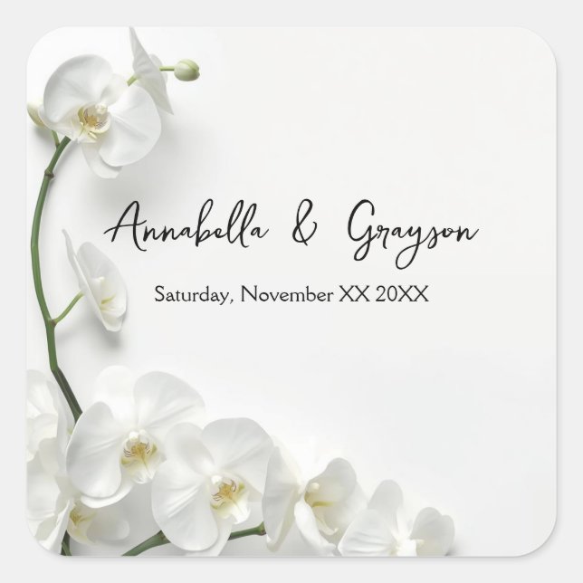 Pegatina Cuadrada Elegant White Orchids Wedding (Anverso)