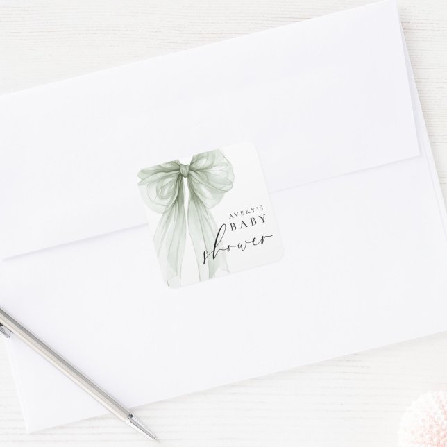 Pegatina Cuadrada Elegant White Sage Green Bow Baby Shower (Subido por el creador)