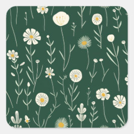 Pegatina Cuadrada Elegant Wildflower Pattern on Dark Green 