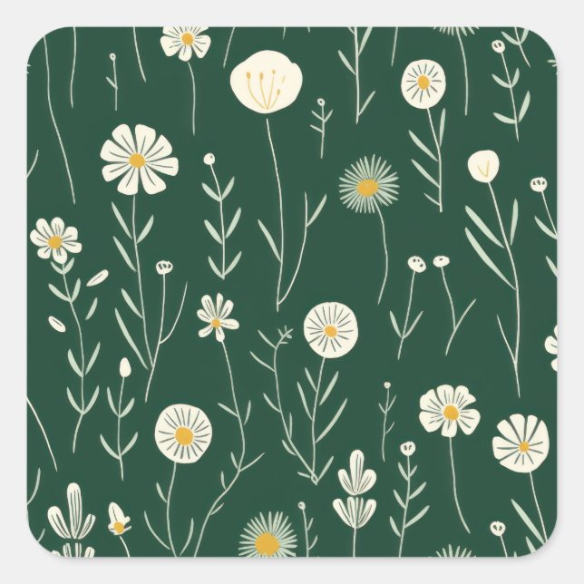 Pegatina Cuadrada Elegant Wildflower Pattern on Dark Green  (Anverso)