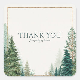 Pegatina Cuadrada Elegant Winter Pine Forest Gold Frame Rustic