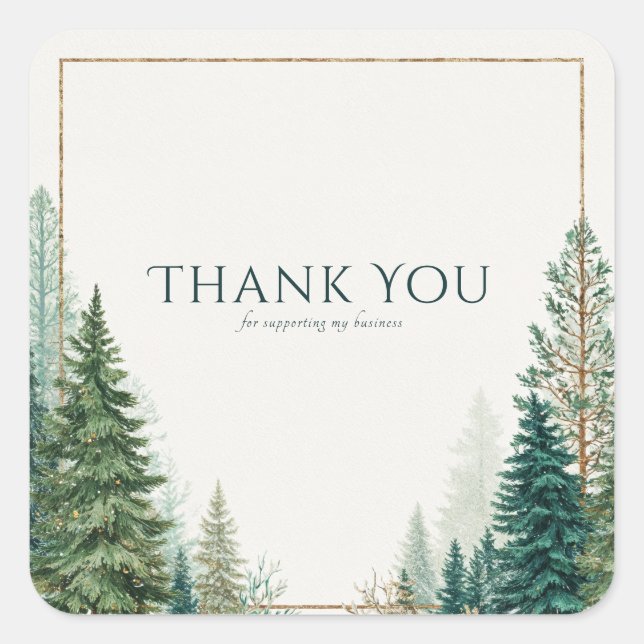 Pegatina Cuadrada Elegant Winter Pine Forest Gold Frame Rustic (Anverso)