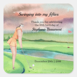 Pegatina Cuadrada Elegant Woman Golf Player Swinging 50th Birthday