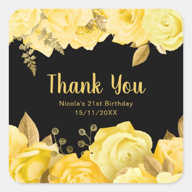 Pegatina Cuadrada Elegant Yellow and Gold Flowers Birthday Party (Anverso)