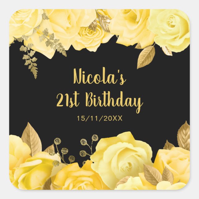 Pegatina Cuadrada Elegant Yellow and Gold Flowers Birthday Party (Anverso)