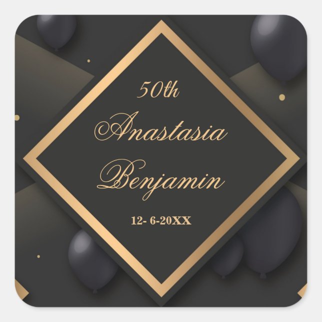 Pegatina Cuadrada Elegante 50.º oro negro feliz cumpleaños moderno (Anverso)