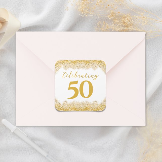 Pegatina Cuadrada Elegante 50° Aniversario Boda Faux Gold Purpurina (Elegant 50th Wedding Anniversary Faux Gold Glitter Square Sticker)