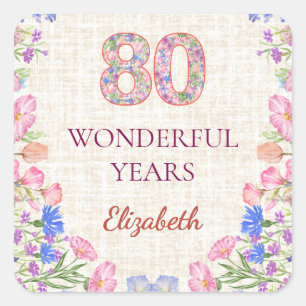 Pegatina Cuadrada Elegante 80 cumpleaños para ella - Floral rosa