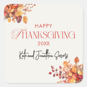 Pegatina Cuadrada Elegante Acción de Gracias Hojas de Otoño Gracias