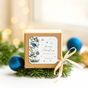 Pegatina Cuadrada Elegante acuarela Azul Blanco Ornamento de Navidad