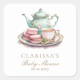 Pegatina Cuadrada Elegante acuarela Baby Shower Tea Fiesta
