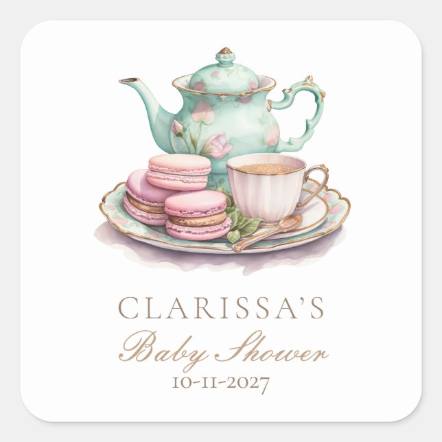 Pegatina Cuadrada Elegante acuarela Baby Shower Tea Fiesta (Anverso)