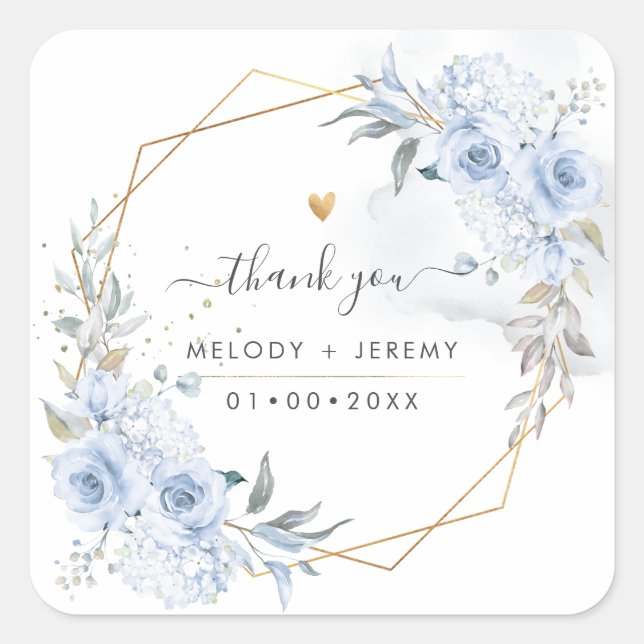 Pegatina Cuadrada Elegante acuarela Dusty Blue Rosas Gracias (Anverso)