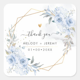 Pegatina Cuadrada Elegante acuarela Dusty Blue Rosas Gracias